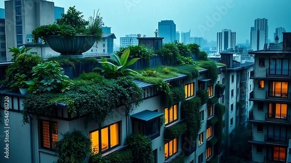 Obraz Urban city apartment covered in green lush rooftop and illuminated windows with raindrops