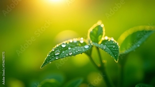 Obraz Macro perspective of fresh green leaves glistening with morning dew, each water droplet refracting golden sunlight