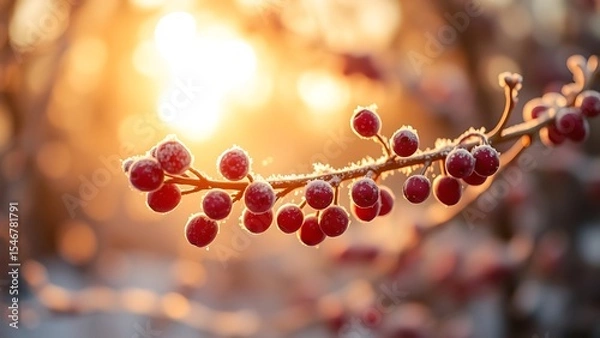 Obraz Frost covered Red Berries Glowing in Golden Sunlight with Soft Bokeh