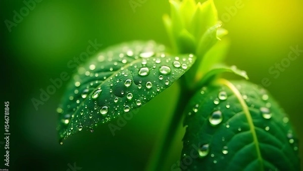 Obraz Macro perspective of fresh green leaves glistening with morning dew, each water droplet refracting golden sunlight