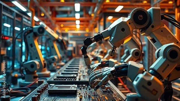 Fototapeta Robotic arms assembling electronic components in a glowing high-tech smart factory with futuristic lighting.
