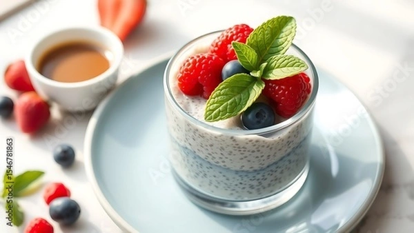 Obraz Close-Up of Vegan Chia Pudding with Fresh Fruits and Herbs