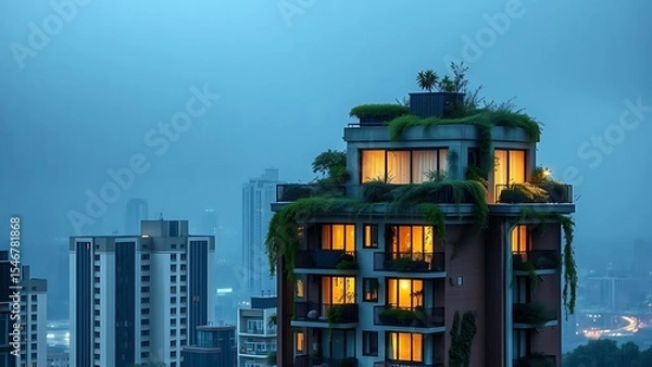 Obraz Urban city apartment covered in green lush rooftop and illuminated windows with raindrops