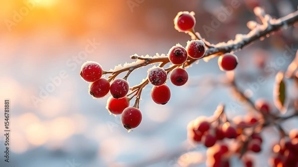 Obraz Frost covered Red Berries Glowing in Golden Sunlight with Soft Bokeh
