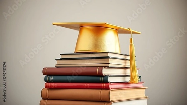 Obraz Stack of vintage books topped with a golden graduation cap symbolizing academic achievement and prestige.
