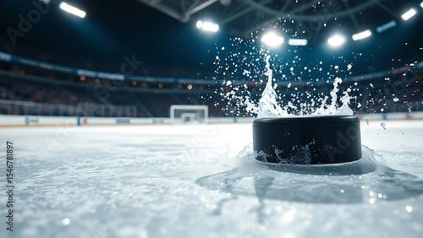 Obraz Gliding Black Puck on Frozen Rink Under Bright Stadium Lights