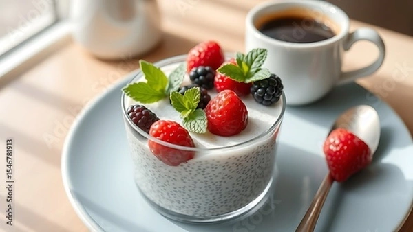 Obraz Healthy Chia Seed Dessert Topped with Blueberries and Mint