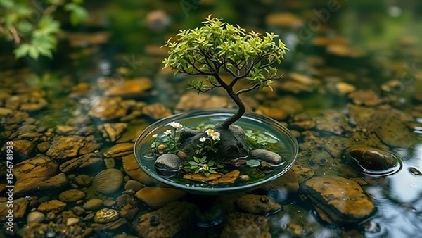 Obraz A miniature green ecosystem with a tree and flowers in a crystal-clear floats in a peaceful forest stream.