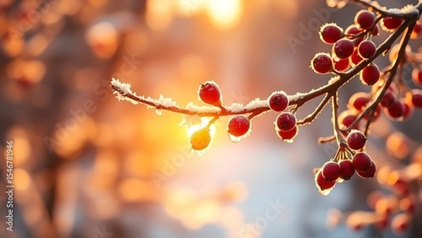 Obraz Frost covered Red Berries Glowing in Golden Sunlight with Soft Bokeh
