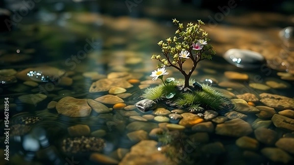 Obraz A miniature green ecosystem with a tree and flowers in a crystal-clear floats in a peaceful forest stream.