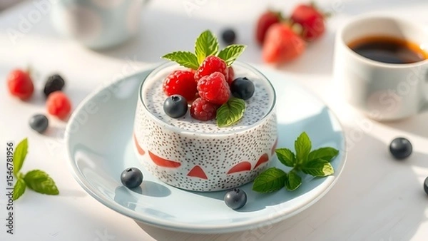 Obraz Fresh Chia Pudding with Mixed Berries and Mint Garnish