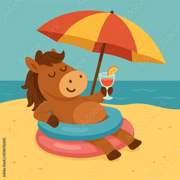 Fototapeta Relaxed cartoon horse sunbathing on the beach with a tropical cocktail, under a bright umbrella and floating rings, flat summer animal illustration with ocean background and chill vacation vibes