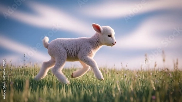 Obraz A fluffy white lamb joyfully runs through a lush green spring meadow, surrounded by blooming wildflowers and glowing sunlight. This charming countryside 