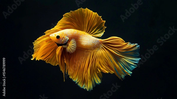 Fototapeta The beautiful moving moment of yellow half moon siamese betta fish or dumbo betta splendens fighting fish in thailand on isolated black background. Thailand called Pla-kad or big ear fish