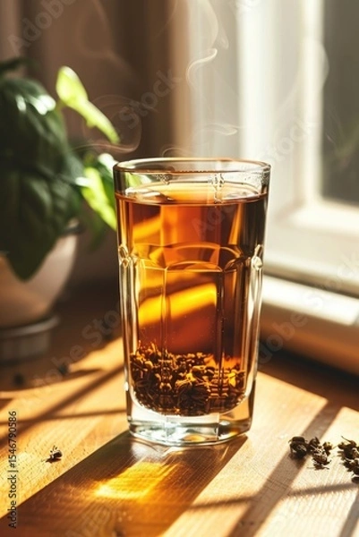 Fototapeta Warm herbal tea with steam in sunlit kitchen for relaxation and calm ambiance