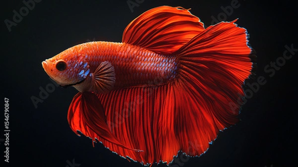 Fototapeta The beautiful moving moment of yellow half moon siamese betta fish or dumbo betta splendens fighting fish in thailand on isolated black background. Thailand called Pla-kad or big ear fish