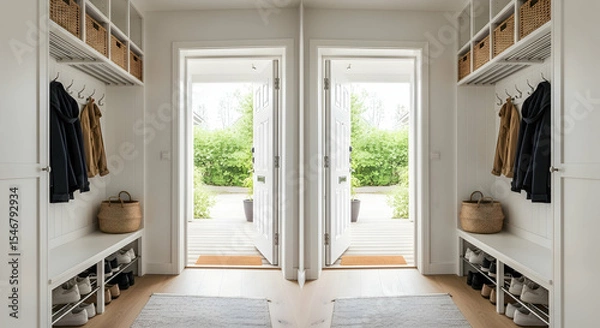 Fototapeta Bright Entrance Hall With Modern Minimalist Design And View To Garden