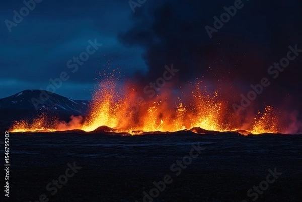 Fototapeta Intense volcanic eruption lights up the night sky at Geldingadalur, Iceland, Intense scenic eruption at night Geldingadal Iceland vertical