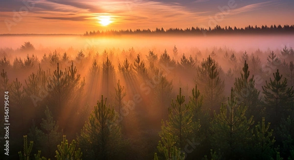Obraz Golden Sunrise Shines Through A Tranquil Forest Under A Misty Sky