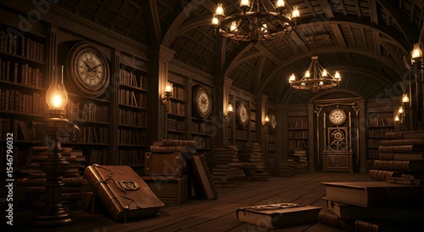 Fototapeta Enigmatic Library Interior with Antique Books Clocks and Warm Illumination