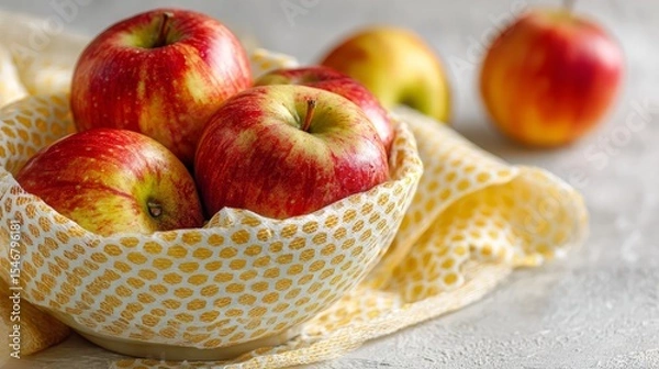Fototapeta Bowl of apples covered with beeswax wrap, placed on a white table in close-up view