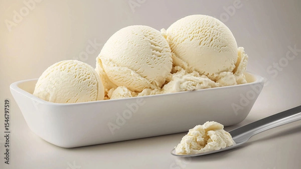 Fototapeta Vanilla ice cream scooped out of container