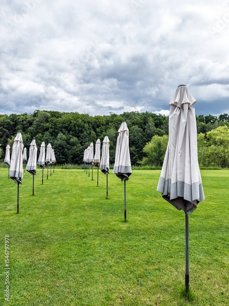 Obraz End of the Season: Rows of Closed Beach Umbrellas on a Green Lawn Under a Cloudy Sky. Awaiting the Sun.Off-Season Scene: An Empty Recreation Area with Closed Umbrellas on a Cloudy Day