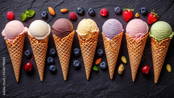 Obraz Various of ice cream flavor in cones blueberry ,strawberry ,pistachio ,almond ,orange and cherry setup on dark stone background . Summer and Sweet menu concept