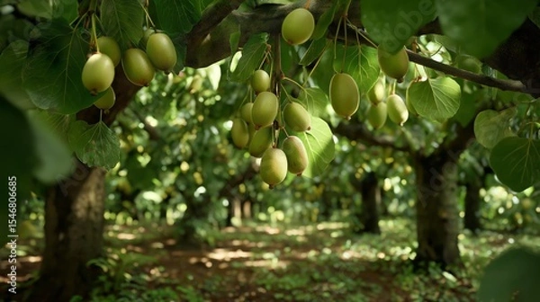 Fototapeta Kiwi Orchard Canopy: A vibrant image of a kiwi orchard, showcasing rows of kiwi vines laden with fresh, green fruit, nestled beneath a canopy of leaves.