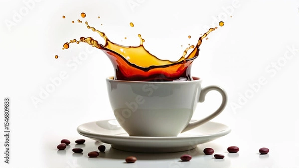 Obraz Aromatic coffee splashes out of a white cup, isolated on a clean background. Image is suitable for beverage, cafe, and breakfast concepts.