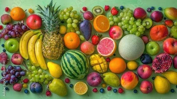 Fototapeta Vibrant Assortment of Fresh Fruits Including Pineapple, Melons, Citrus, Bananas, Grapes, and Berries
