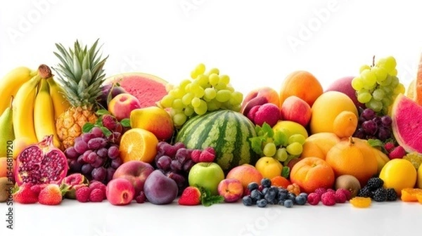 Fototapeta A Vibrant and Colorful Display of Fresh Fruits Including Watermelon, Pineapple, and Grapes on a White Background