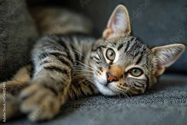 Fototapeta Curious Tabby Cat Relaxing Indoors, Looking Directly at Camera, Detailed Fur Pattern, Close-Up Portrait, Concept of Pet Care, Feline Companionship, and Domestic Animals