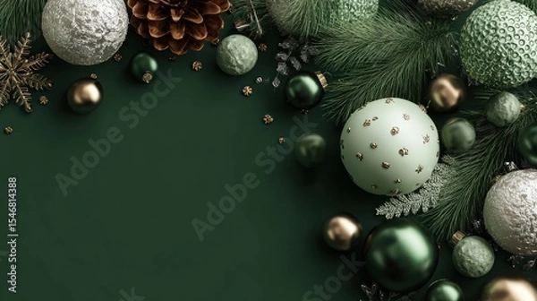 Fototapeta Elegant Christmas Green Background Adorned with Ornaments and Pine Accents