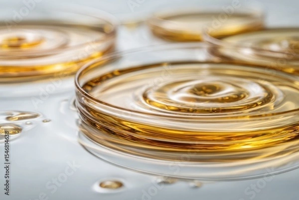 Fototapeta Close-Up View of Golden Liquid Ripples in Circular Glass Bowls on a Smooth White Surface, Concept of Science, Skincare, and Beverage Industries