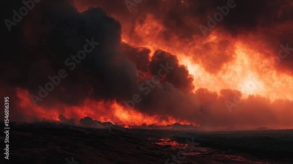 Fototapeta Dramatic wildfire landscape photography showing intense flames and smoke in an apocalyptic scene of destruction