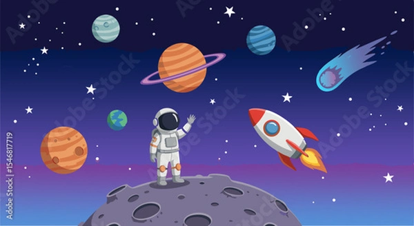 Fototapeta Astronaut exploring a celestial landscape with planets stars rocket and comet a vibrant space adventure illustration