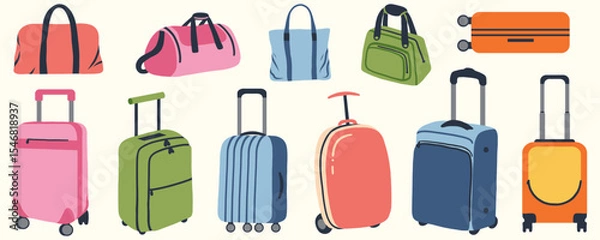 Fototapeta Vector set of suitcases. Luggage on wheels for traveling. Modern suitcases with handle. Backpack for traveler. Vacation bags. Flat vector illustration isolated on white background.