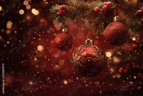 Fototapeta Red Christmas Ornaments Hanging on Pine Branches with Glittering Background and Festive Berries, Concept of Holiday Decor and Seasonal Celebrations