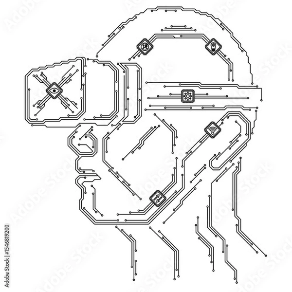 Fototapeta The concept of augmented reality glasses and digital intelligence. A man in the form of an electronic circuit. Microchips wireless communication, data and computing.
