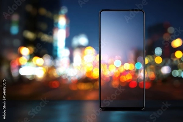 Fototapeta Transparent Smartphone Display with Colorful City Lights Bokeh in Background, Concept of Futuristic Technology and Digital Devices, Suitable for Modern Advertisement, Graphics Design