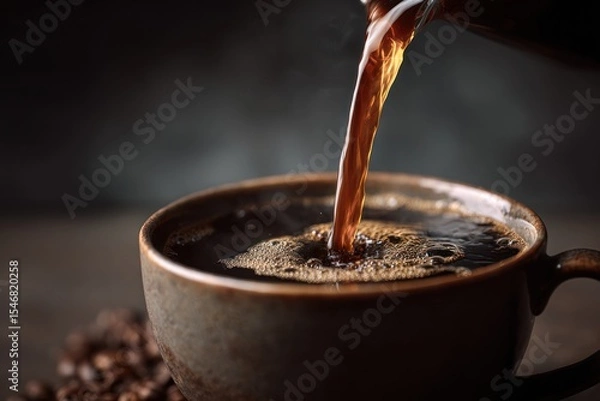 Fototapeta Hot Coffee Being Poured into a Ceramic Cup with Freshly Brewed Liquid, Highlighting Steam and Foam, Concept of Beverage Advertising, Coffee Shops, or Relaxation Design Themes