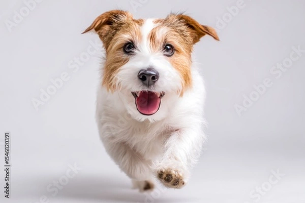 Fototapeta Energetic Dog Running Forward with Happy Expression, Jack Russell Terrier on White Background, Looking at Camera, Concept of Pet Care, Animal Photography, Canine Enthusiasts
