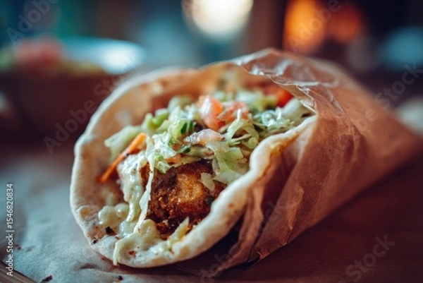 Fototapeta Gourmet Street Taco Wrapped in Compostable Packaging, Featuring Fresh Ingredients and Rustic Presentation, Representing Concepts of Modern Casual Dining and Eco-Friendly Eating