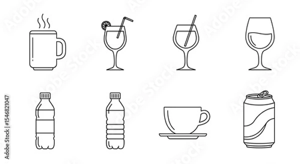 Obraz Vector line art illustration featuring various beverages like juice, water, and coffee in different containers
