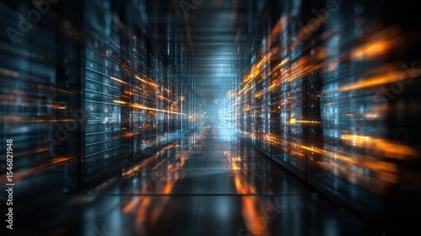 Fototapeta Futuristic server room data center with orange and blue lights technology and data storage concept