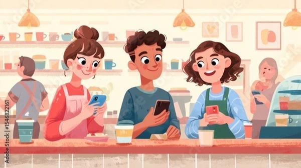Fototapeta Three Friends Socializing Together in a Cozy Café Interior Setting