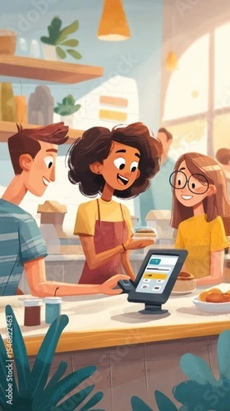 Fototapeta Teenagers Enjoying Moments Together While Splitting a Bill in a Modern Environment