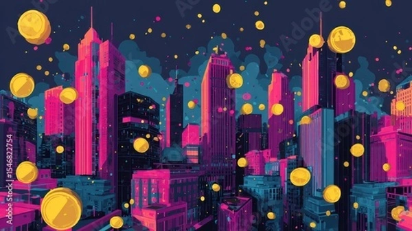 Fototapeta Colorful Abstract Skyline with Floating Digital Coins in a Futuristic Night Scene