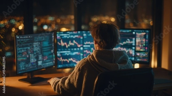 Fototapeta Financial Analyst Working Late in an Office Overlooking a Cityscape, Analyzing Data on Multiple Trading Screens